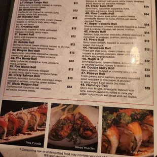 sushi and sashimi, menu