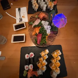 Lunch special 3 rolls (x2) &amp; sashimi special = Salmon roll, salmon avocado roll,  spicy yellowtail, kamikaze roll