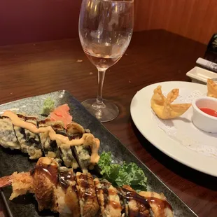 Crunch roll and geisha roll with eel. Crab Rangoon