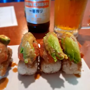 Crispy rice w/spicey tuna and avocado and tall cold Kirin