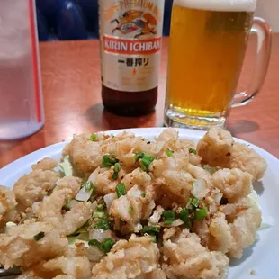 Salt and Pepper fried calamari and tall cold Kirin