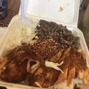 Chicken and beef. One is sesame and one teriyaki I forget which I just need to eat something.