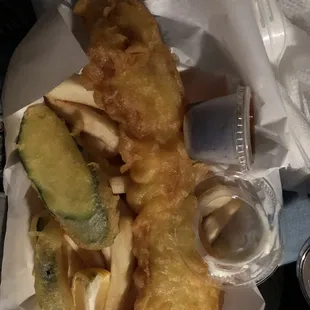 The Fish and Chips and a side of pot stickers! So delicious!