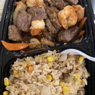 Shrimp and steak hibachi, but super dry and overcooked.