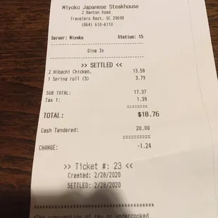 2 hibachi meals and 3 spring rolls for less than $20