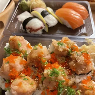 Albacore Garlic Roll on bottom and octopus and salmon sushi