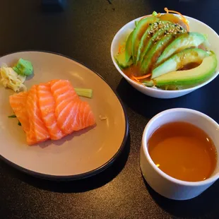 Salmon Sashimi Appetizer, Salad and Tea