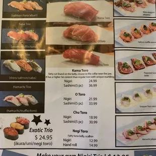 sushi and sashimi, menu