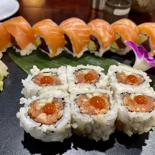 Spicy Tuna Roll and Double Roll (Tuna in, Salmon top)