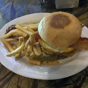 Brunch burger with fries