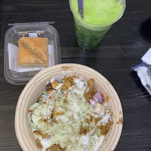 chicken bowl, green juice, baklava