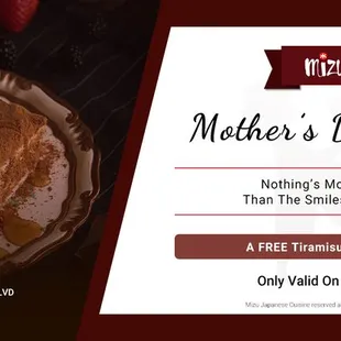 Mizu offers FREE Tiramisu Dessert on Mother&apos;s Day!
