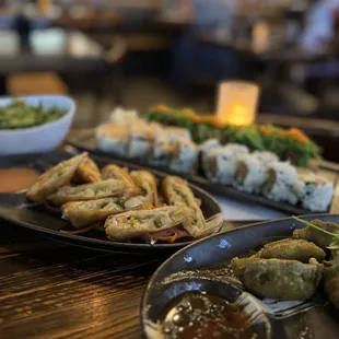 Vegetable Spring Rolls, Crispy Gyoza, Edamame, Sea Monster Roll, Spicy Tuna Roll