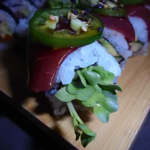 Specialty "spicy habaneroll" roll, close-up.
