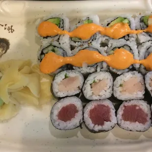 Smart roll lunch special, $9. By row, from top to bottom: spicy California, scallop, yellowtail, tuna