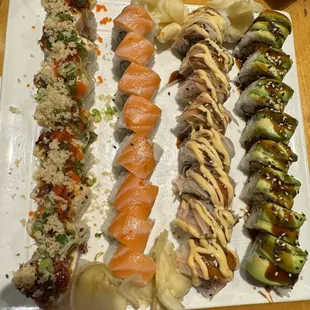 Left to Right:  Smokey Fins Roll Alaskan Roll Sweet Dream Roll Domino Roll