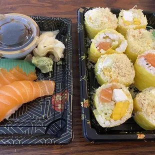 Salmon nigiri, salmon roll (added my own stuff so it was like a create your own"