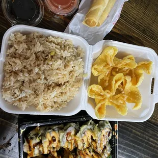Out of control roll, crab Rangoon, spring rolls and rice
