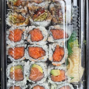 Lunch special: 3 roll combo. (Top to bottom): eel Eel and Cucumber Roll, spicy tuna roll, and salmon avocado roll