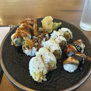 Left- Shrimp Tempura Roll Middle- spicy tuna crunchy roll Right- bbq eel sushi 2pc.