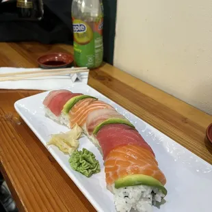 Rainbow Roll Special with salmon inside with California roll $11.99!