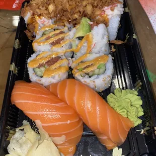 Crunch roll, spicy tuna roll, salmon nigiri