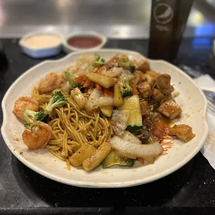 Hibachi chicken dinner portion! served with salad, mushroom soup and shrimp appetizer.