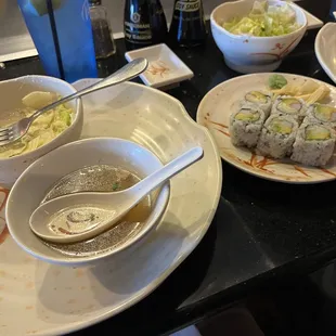 Salad and Won-Ton soup and California roll to get our meal started
