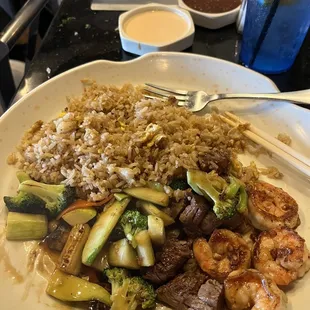 My plate of food - filet mignon and shrimp with rice and vegetables