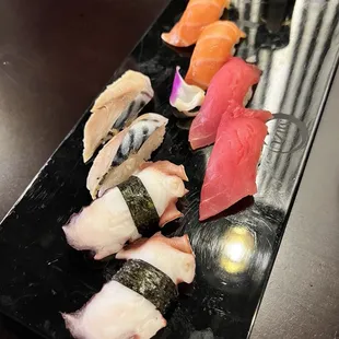 Nigiri - octopus, yellowtail, tuna, and salmon