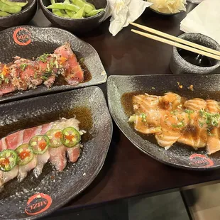 Black pepper tuna, jalapeño yellowtail, salmon carpaccio
