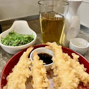 Happy Hour is sooo needed after a crazy week.  Hot sake with a Sapporo chaser, and some wakame salad and shrimp tempura for beer snacks
