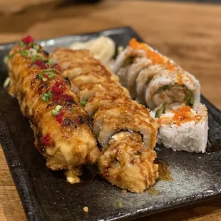 Left to right: Savage roll, super Cali roll, spider roll.