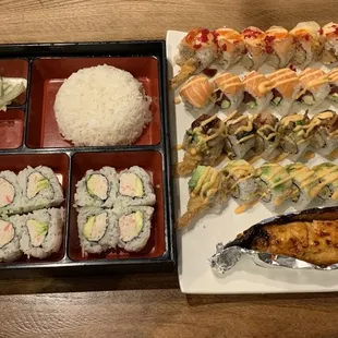 2-item bento (salmon teriyaki &amp; CA roll) &amp; a few sushi rolls
