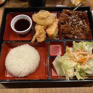Two item bento with tempura and sesame chicken (eh, stick to their sushi)