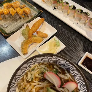 Tempura Udon and sushi rolls