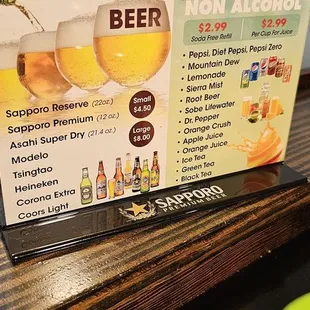 a menu for beer and non alcohol