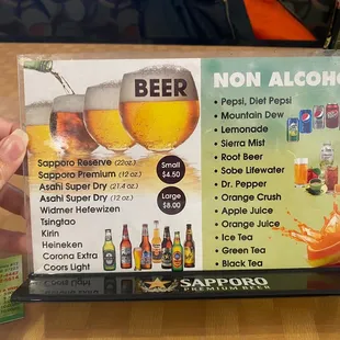 Drinks and Beer menu