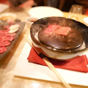 Hokkaido beef on hot stone.