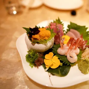 Japanese Sea Urchin, Otoro, sweet shrimps, yellowtail.