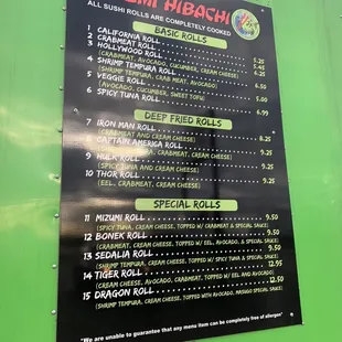 a menu on a green truck