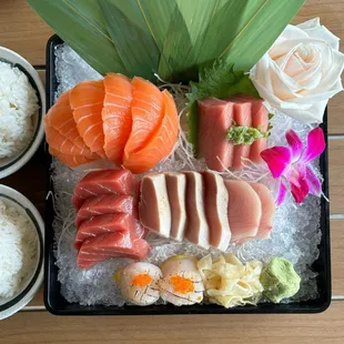 20 pc Sashimi Deluxe: Otoro, hamachi, hotate, shiro maguru, chutoro, sake ($50.99) + Sushi Rice ($1.99 x2)