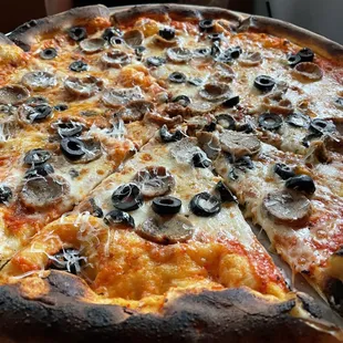 Sausage and black olive pizza.