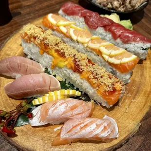 Sake and Shiro Maguro nigiri, MJ roll, 49'r roll, CB roll