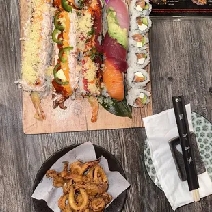 Calamari, Philadelphia roll, hot mama, rainbow roll!