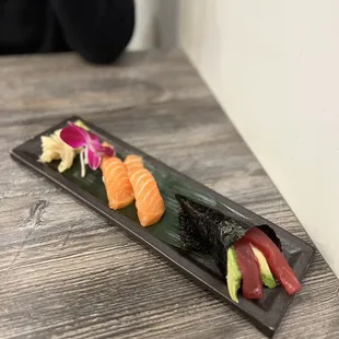 Salmon Nigiri and Tuna Avocado Hand Roll