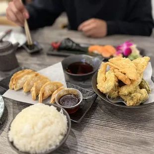 Vegetable Tempura, Gyoza, and White Rice