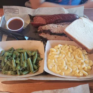 Two meat plate - brisket, sausage, green beans, &amp; mac n cheese