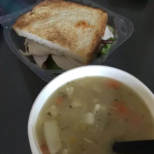 MJ's MJ's Club Sandwich - Half with cup of chicken noodle soup