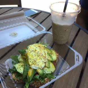 Hummus Toast. Caramel blended coffee.